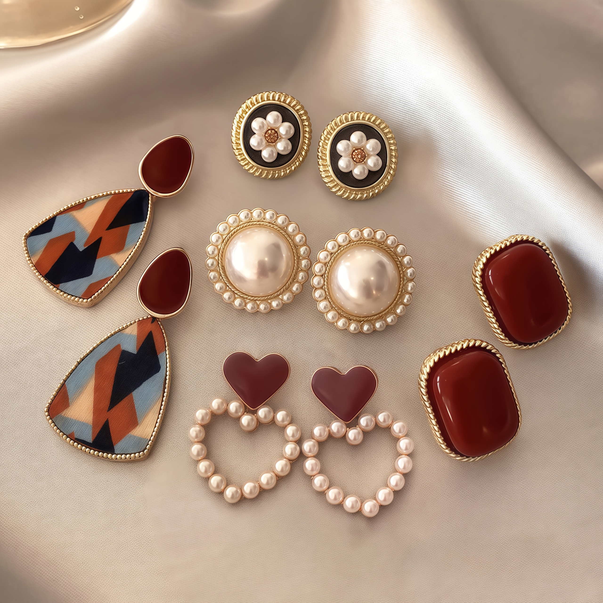 Women'S Wine Red Vintage Style Earrings Set